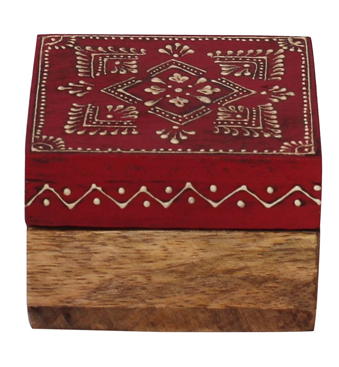 Bulk Buy 3” Wooden Jewelry Box - Wholesale Square Handmade Keepsake Box/Trinket Box in Maroon & Natural-Wood Color Decorated with Cone-Painting Art of Floral Motifs