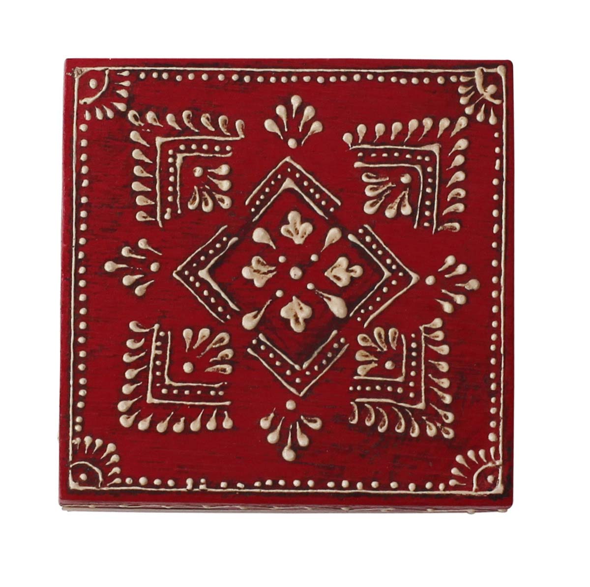 Bulk Buy 3” Wooden Jewelry Box - Wholesale Square Handmade Keepsake Box/Trinket Box in Maroon & Natural-Wood Color Decorated with Cone-Painting Art of Floral Motifs