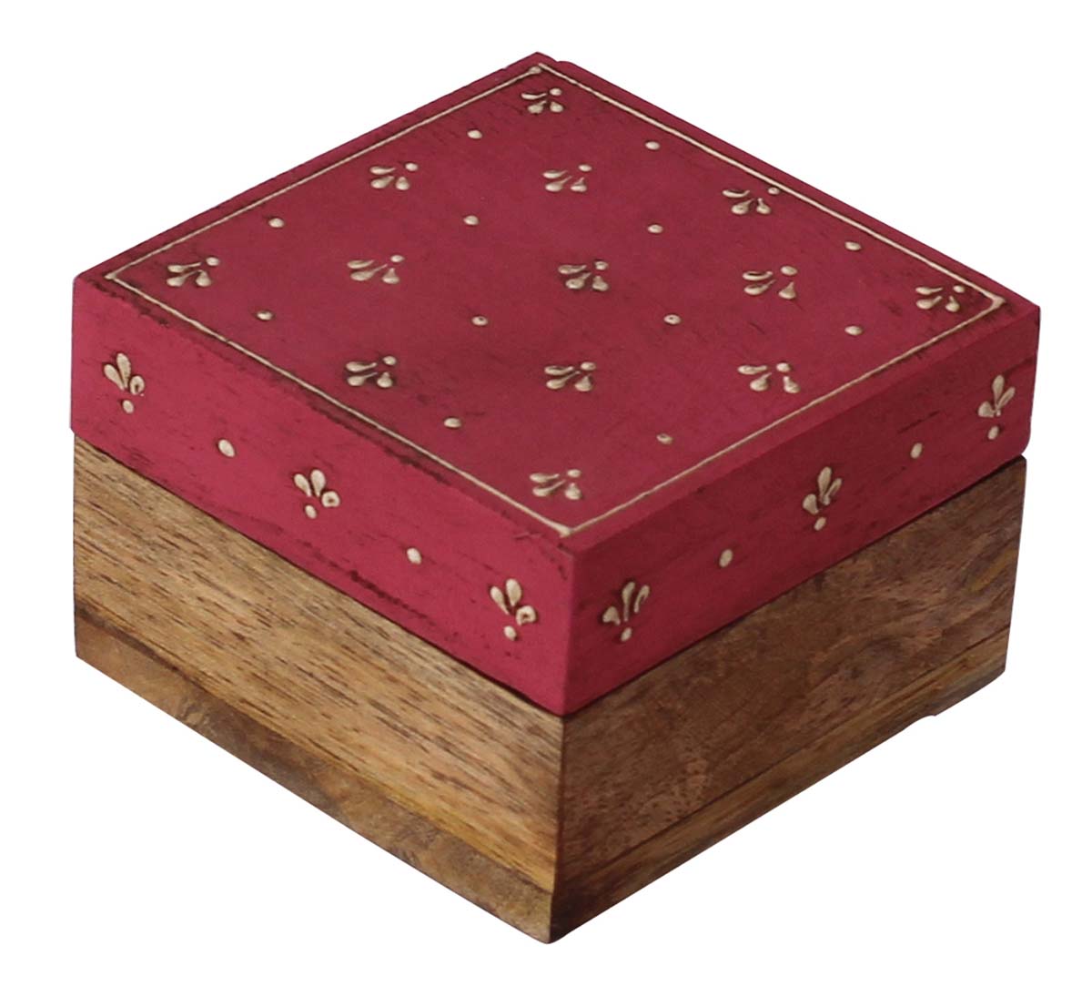 Wholesale 3” Wooden Jewelry Box - Bulk Buy Square Handmade Keepsake Box/Trinket Box in Maroon & Natural-Wood Color Decorated with Cone-Painting Art of Floral Motifs