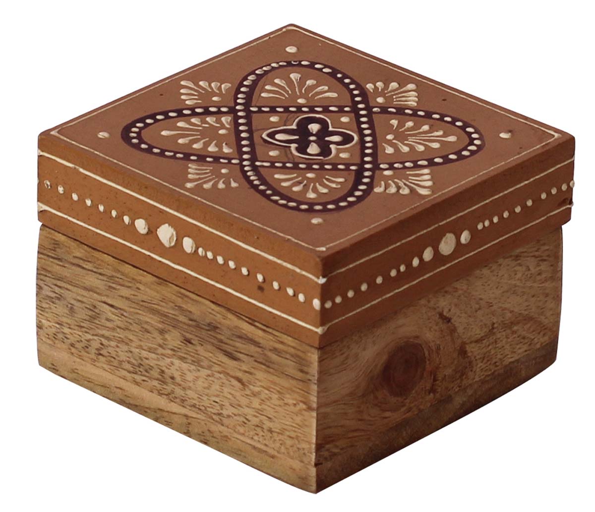 Bulk Buy 3” Wooden Jewelry Box - Wholesale Square Handmade Keepsake Box/Trinket Box in Brown & Natural-Wood Color Decorated with Cone-Painting Art of Floral Motifs