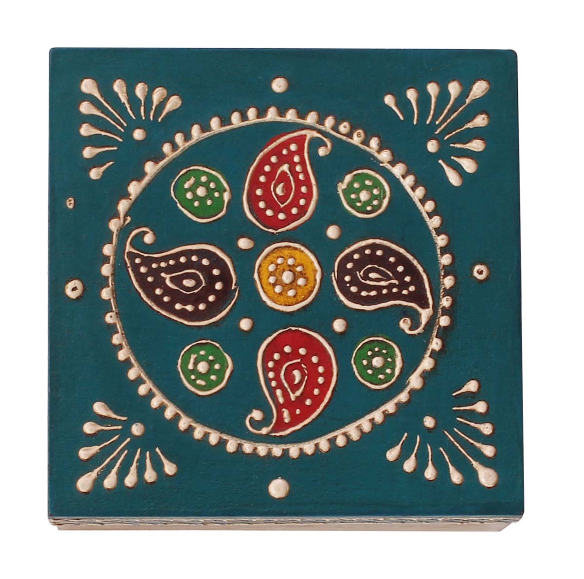 Wholesale 3” Wooden Jewelry Box in Bulk - Source Square Handmade Keepsake Box/Trinket Box in Teal-Blue & Natural-Wood Color Decorated with Cone-Painting Art of Traditional-Look Motifs