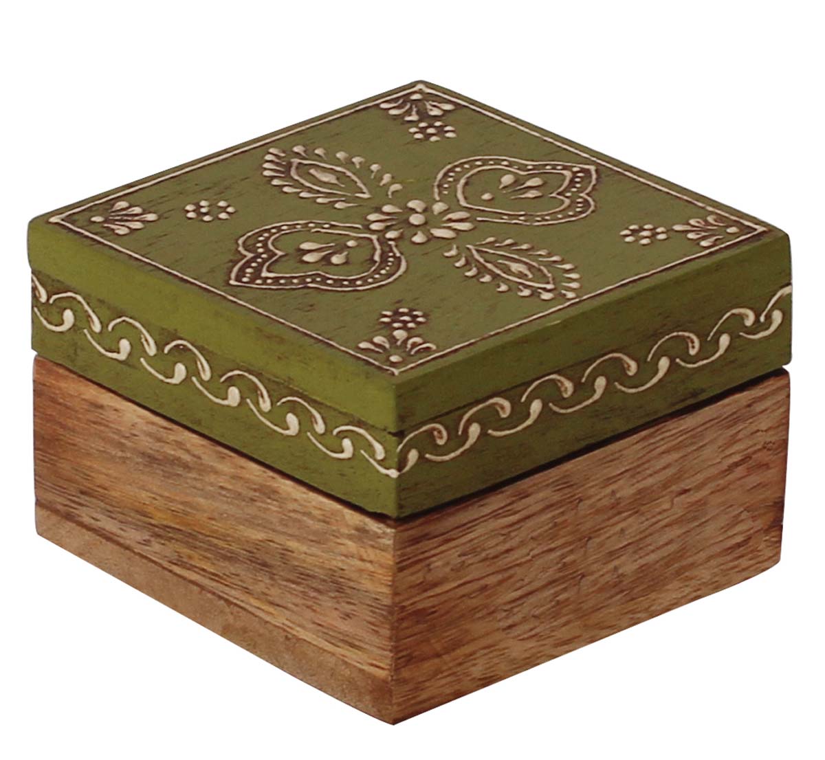 Bulk Buy 3” Wooden Jewelry Box - Wholesale Square Handmade Keepsake Box/Trinket Box in Olive-Green & Natural-Wood Color Decorated with Cone-Painting Art of Floral Motifs