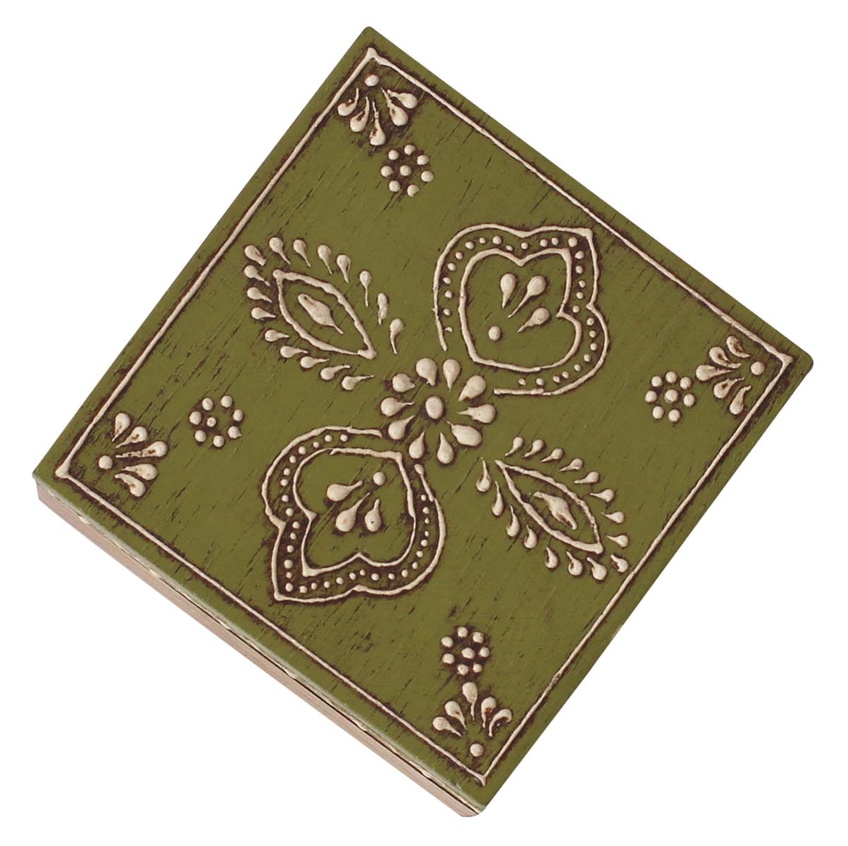 Bulk Buy 3” Wooden Jewelry Box - Wholesale Square Handmade Keepsake Box/Trinket Box in Olive-Green & Natural-Wood Color Decorated with Cone-Painting Art of Floral Motifs