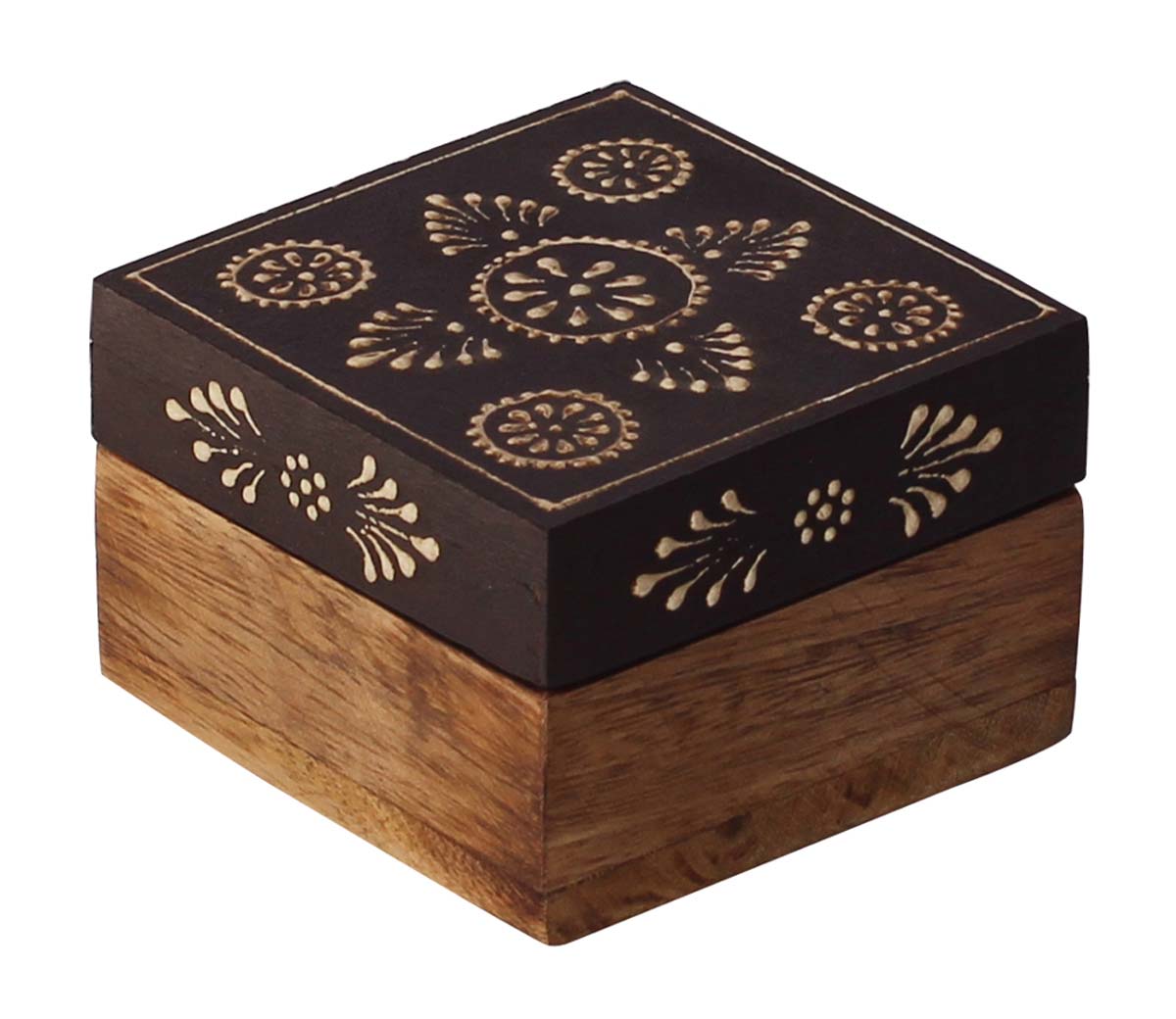 Source 3” Wooden Jewelry Box in Bulk - Wholesale Square Wood Handmade Keepsake Box/Trinket Box in Dark-Brown & Natural-Wood Color Decorated with Cone-Painting Art of Floral Motifs from India