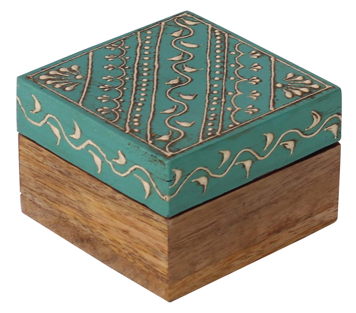 Bulk Source 3” Wooden Jewelry Box - Wholesale Square Handmade Keepsake Box/Trinket Box in Sky-Blue & Natural-Wood Color Decorated with Cone-Painting Art of Traditional-Look Motifs