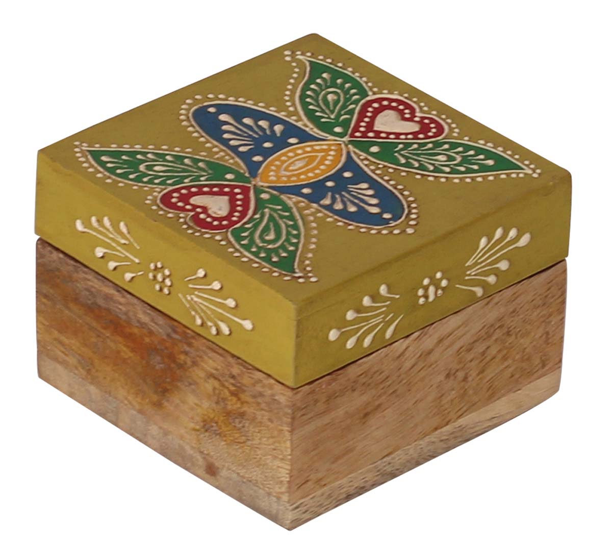 Source 3” Wooden Jewelry Box in Bulk - Wholesale Square Handmade Keepsake Box/Trinket Box in Olive-Green & Natural-Wood Color Decorated with Cone-Painting Art of Floral Motifs from India