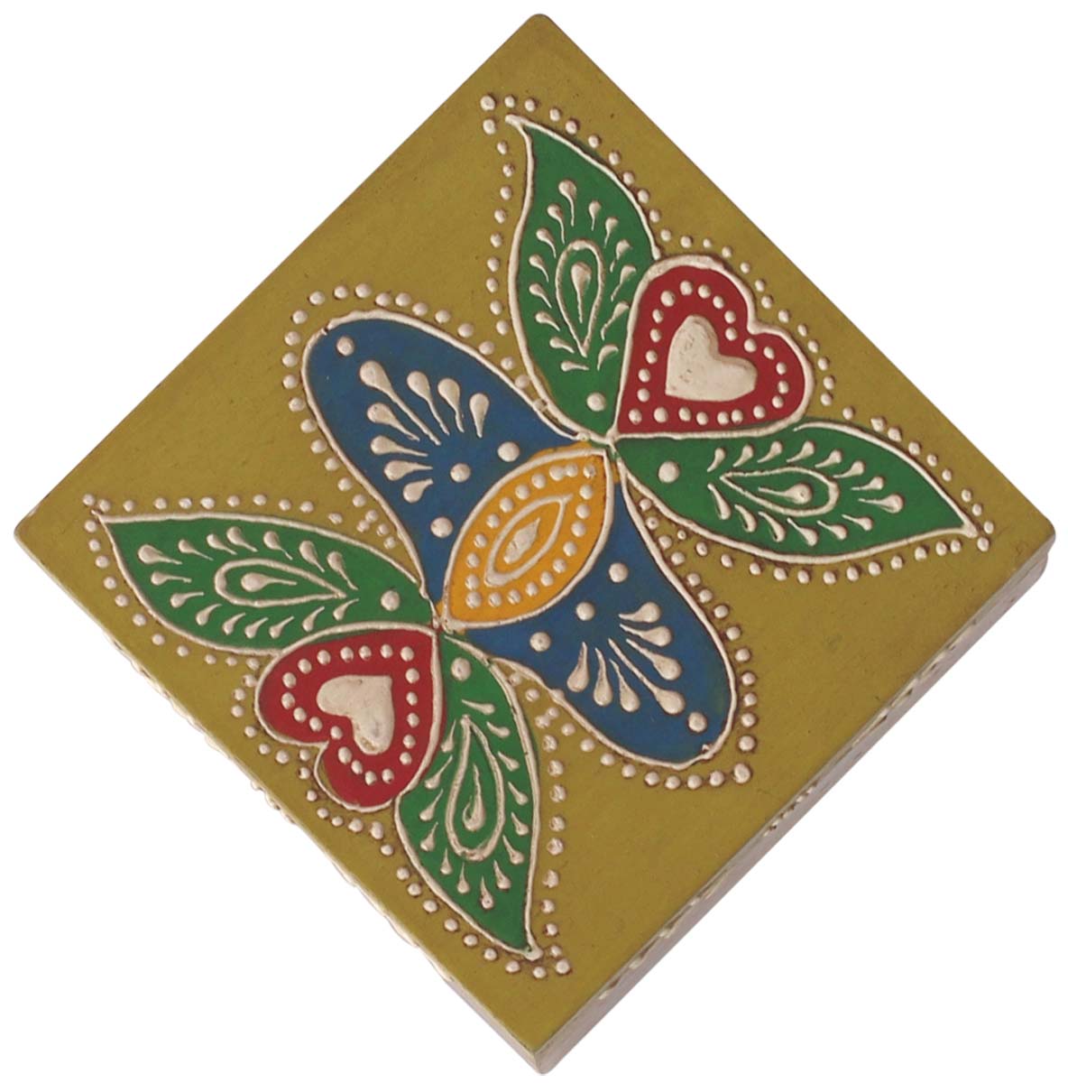 Source 3” Wooden Jewelry Box in Bulk - Wholesale Square Handmade Keepsake Box/Trinket Box in Olive-Green & Natural-Wood Color Decorated with Cone-Painting Art of Floral Motifs from India