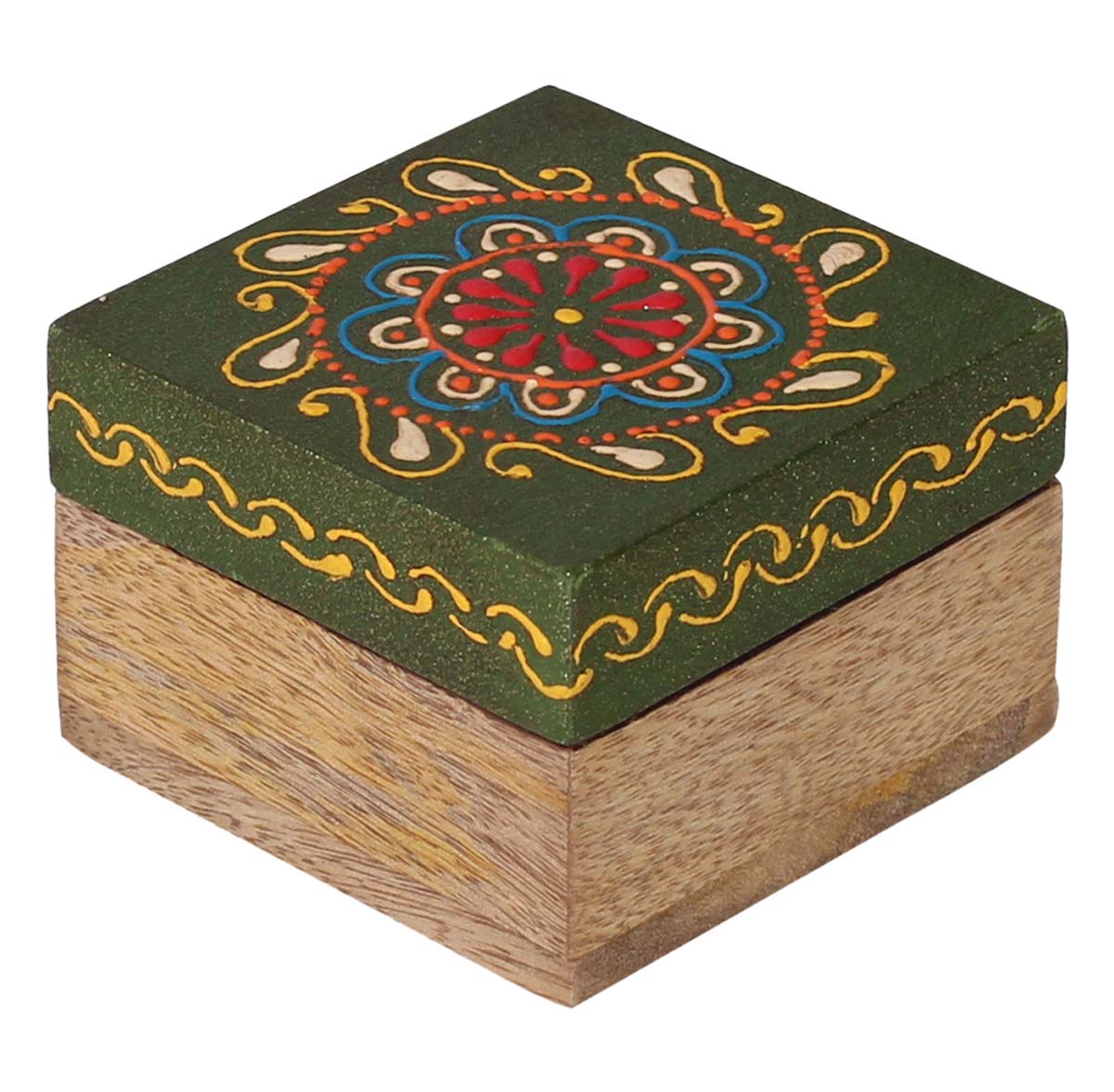 Wholesale 3” Wooden Jewelry Box - Bulk Buy Square Handmade Keepsake Box/Trinket Box in Dark-Green & Natural-Wood Color Decorated with Cone-Painting Art of Floral Motifs