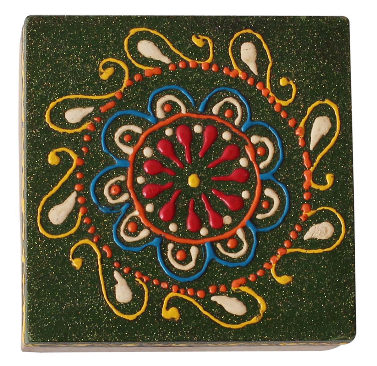 Wholesale 3” Wooden Jewelry Box - Bulk Buy Square Handmade Keepsake Box/Trinket Box in Dark-Green & Natural-Wood Color Decorated with Cone-Painting Art of Floral Motifs