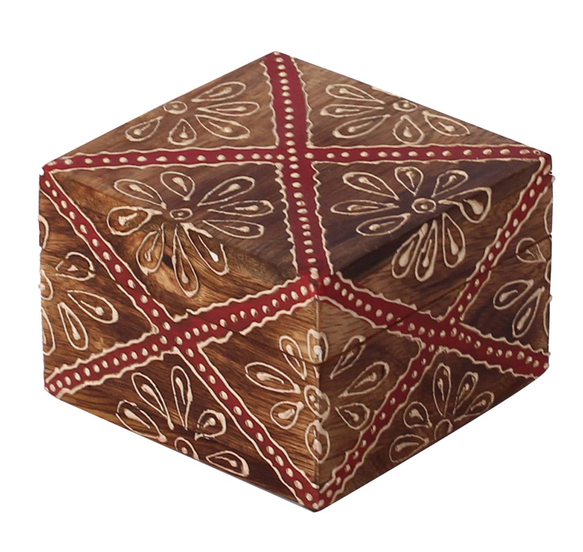 Bulk Source 3” Wooden Jewelry Box - Wholesale Square Handmade Keepsake Box/Trinket Box in Red & Natural-Wood Color Decorated with Cone-Painting Art of Traditional-Look Motifs