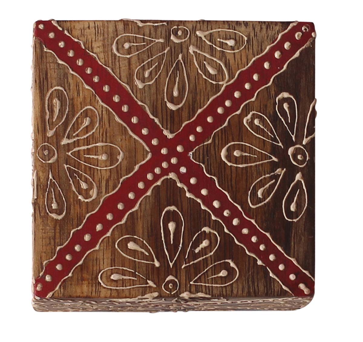 Bulk Source 3” Wooden Jewelry Box - Wholesale Square Handmade Keepsake Box/Trinket Box in Red & Natural-Wood Color Decorated with Cone-Painting Art of Traditional-Look Motifs