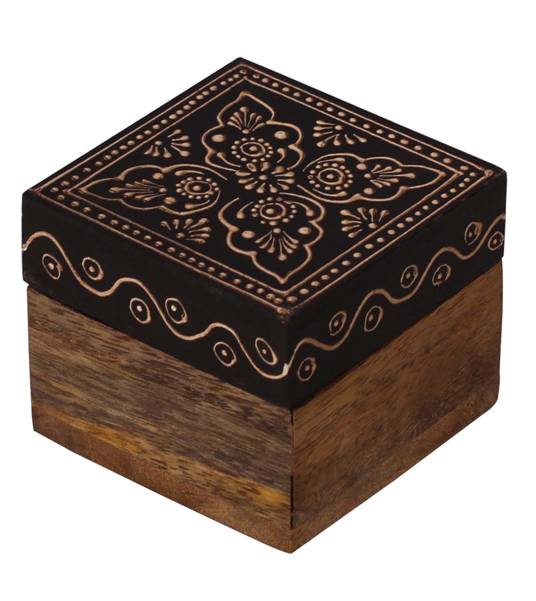 Wholesale 2.5” Wooden Jewelry Box - Bulk Buy Square Handmade Keepsake Box/Trinket Box in Black & Natural-Wood Color Decorated with Cone-Painting Art of Traditional-Look Motifs from India