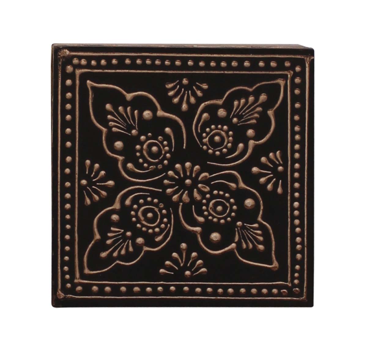 Wholesale 2.5” Wooden Jewelry Box - Bulk Buy Square Handmade Keepsake Box/Trinket Box in Black & Natural-Wood Color Decorated with Cone-Painting Art of Traditional-Look Motifs from India
