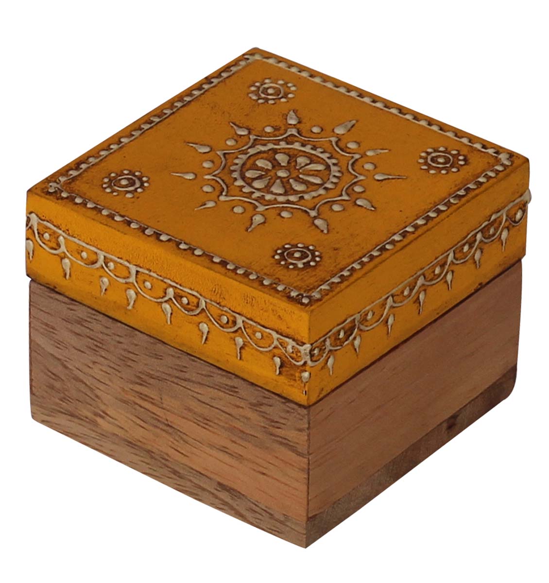Wholesale 2.5” Wooden Jewelry Box - Bulk Buy Square Handmade Keepsake Box/Trinket Box in Mustard-Yellow & Natural-Wood Color Decorated with Cone-Painting Art of Traditional-Look Motifs from India