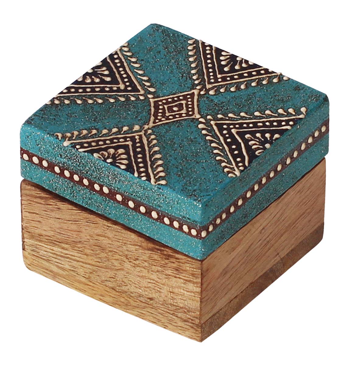 Wholesale 2.5” Wooden Jewelry Box in Bulk - Source Square Handmade Keepsake Box/Trinket Box in Teal-Blue & Natural-Wood Color Decorated with Cone-Painting Art of Traditional-Look Motifs from India