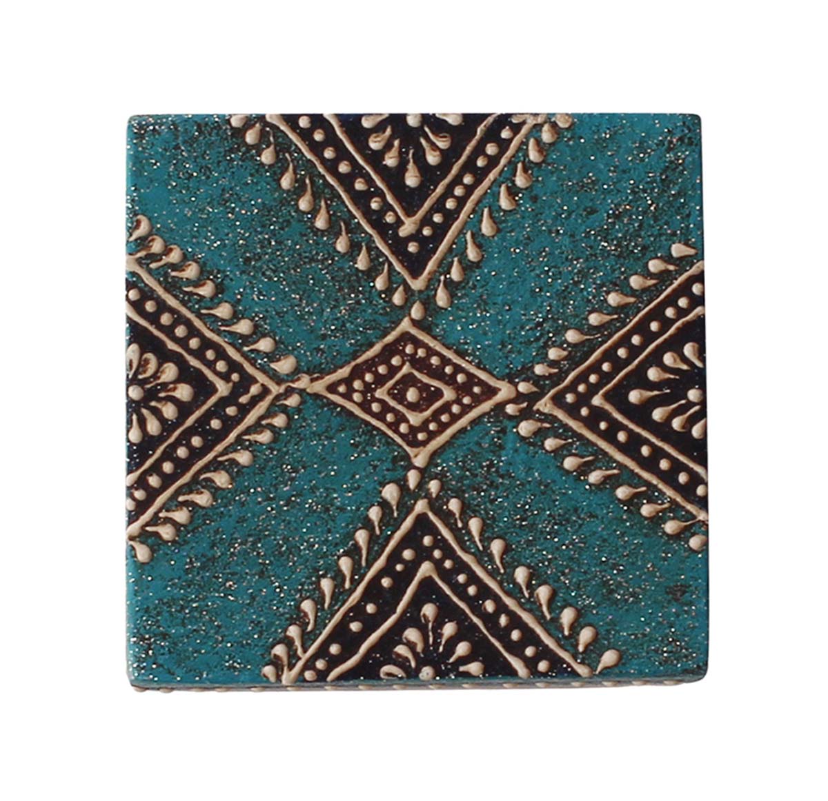 Wholesale 2.5” Wooden Jewelry Box in Bulk - Source Square Handmade Keepsake Box/Trinket Box in Teal-Blue & Natural-Wood Color Decorated with Cone-Painting Art of Traditional-Look Motifs from India