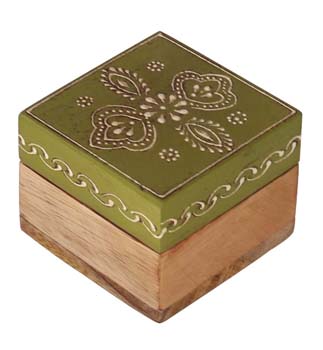 Bulk Source 2.5” Wooden Jewelry Box - Wholesale Square Handmade Keepsake Box/Trinket Box in Olive-Green & Natural-Wood Color Decorated with Cone-Painting Art of Traditional-Look Motifs