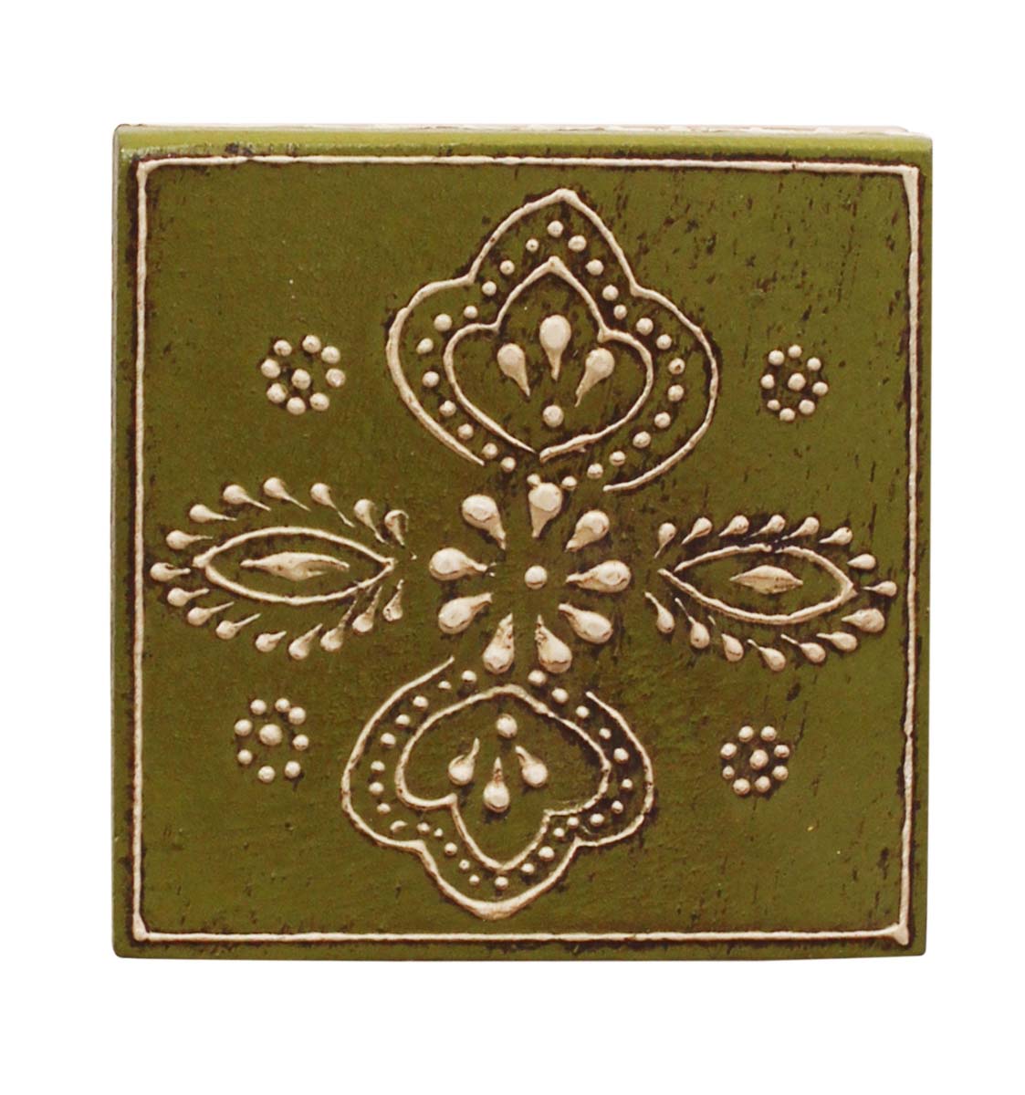 Bulk Source 2.5” Wooden Jewelry Box - Wholesale Square Handmade Keepsake Box/Trinket Box in Olive-Green & Natural-Wood Color Decorated with Cone-Painting Art of Traditional-Look Motifs