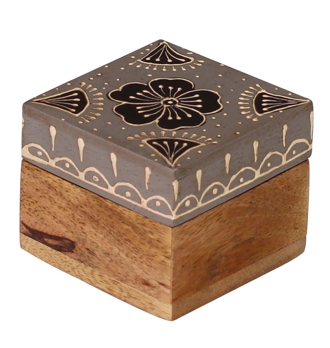 Source 2.5” Wooden Jewelry Box in Bulk - Wholesale Square Handmade Keepsake Box/Trinket Box in Grey, Black & Natural-Wood Color Decorated with Cone-Painting Art of Traditional-Look Motifs