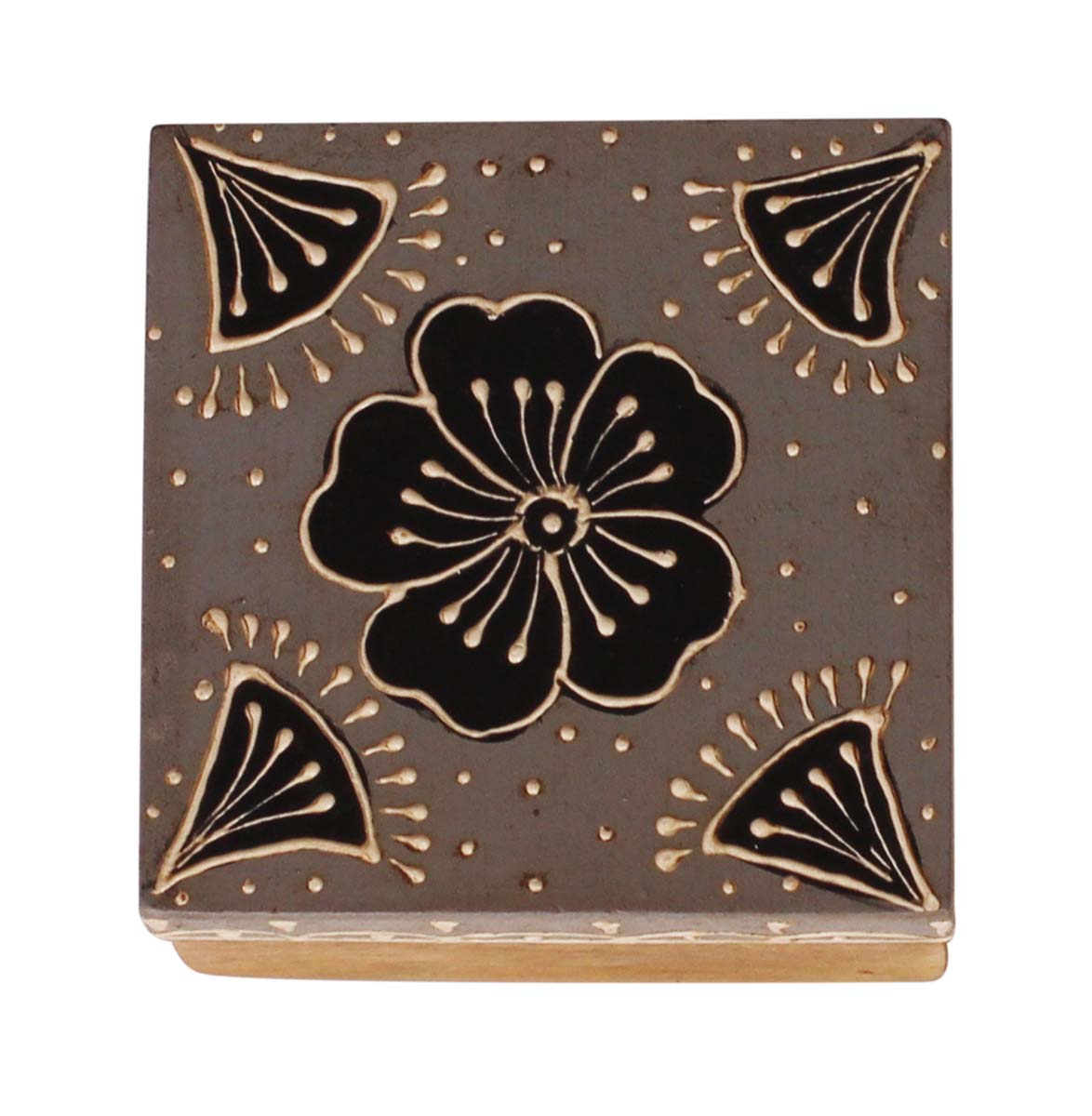 Source 2.5” Wooden Jewelry Box in Bulk - Wholesale Square Handmade Keepsake Box/Trinket Box in Grey, Black & Natural-Wood Color Decorated with Cone-Painting Art of Traditional-Look Motifs
