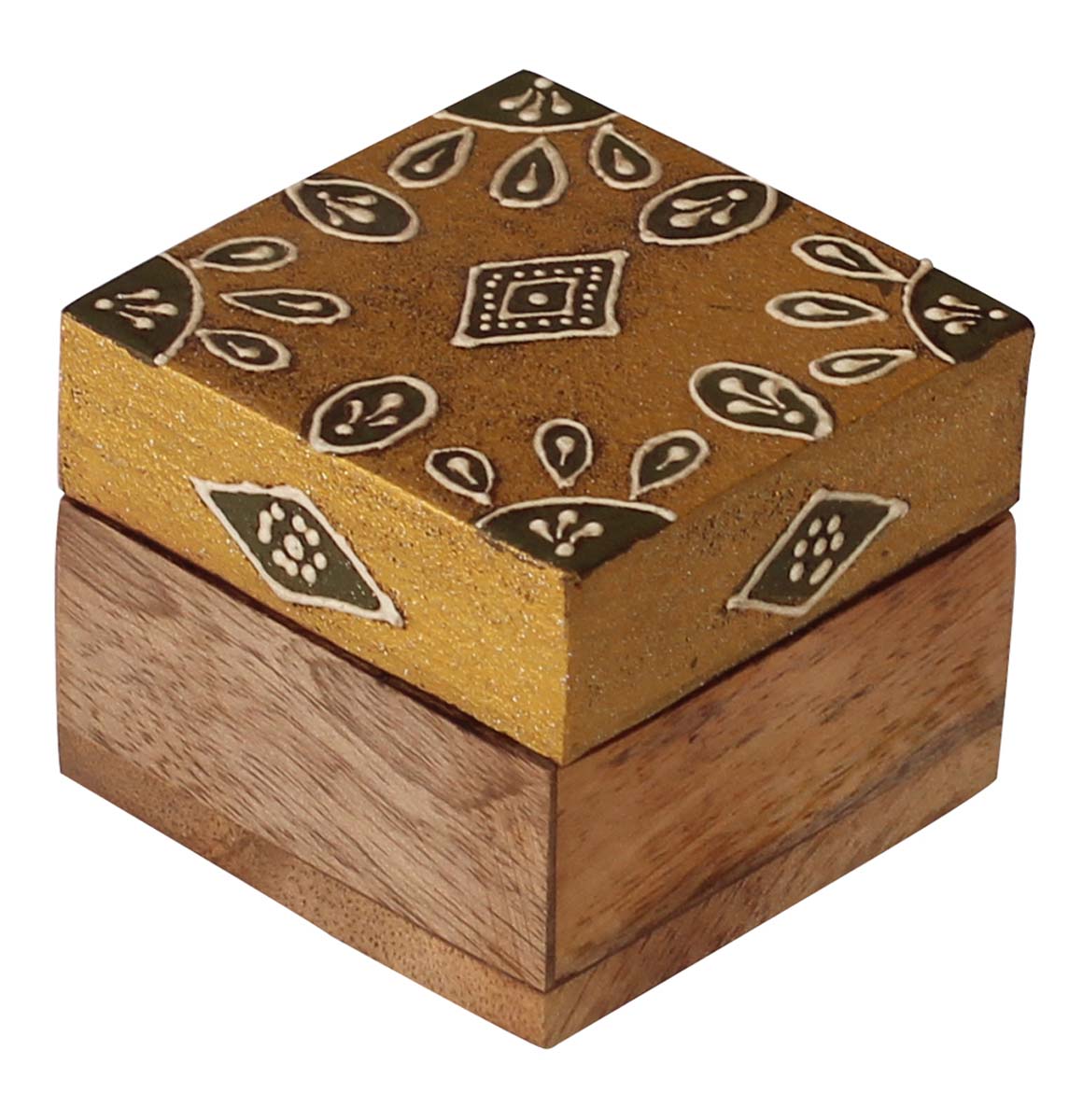 Wholesale 2.5” Wooden Jewelry Box in Bulk - Source Square Handmade Keepsake Box/Trinket Box in Golden-Yellow & Natural-Wood Color Decorated with Cone-Painting Art of Traditional-Look Motifs from India