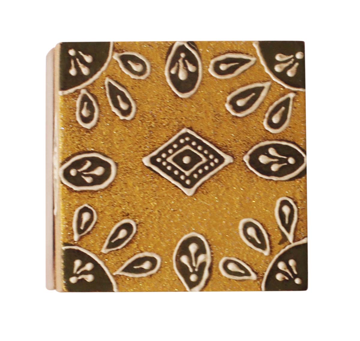 Wholesale 2.5” Wooden Jewelry Box in Bulk - Source Square Handmade Keepsake Box/Trinket Box in Golden-Yellow & Natural-Wood Color Decorated with Cone-Painting Art of Traditional-Look Motifs from India