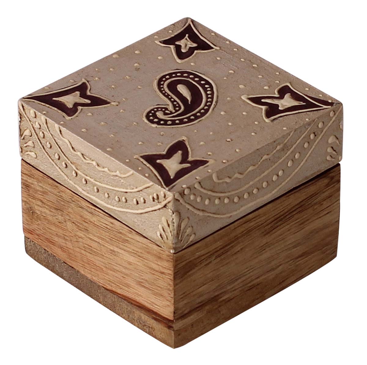 Source Wooden Jewelry Box in Bulk - Wholesale 2.5” Square Handmade Keepsake Box/Trinket Box in Silver & Natural-Wood Color Decorated with Cone-Painting Art of Traditional-Look Motifs from India