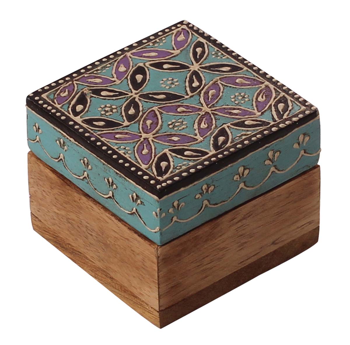 Source 2.5” Wooden Jewelry Box in Bulk - Wholesale Square Handmade Keepsake Box/Trinket Box in Blue & Natural-Wood Color Decorated with Cone-Painting Art of Traditional-Look Motifs in Purple & Black Color from India
