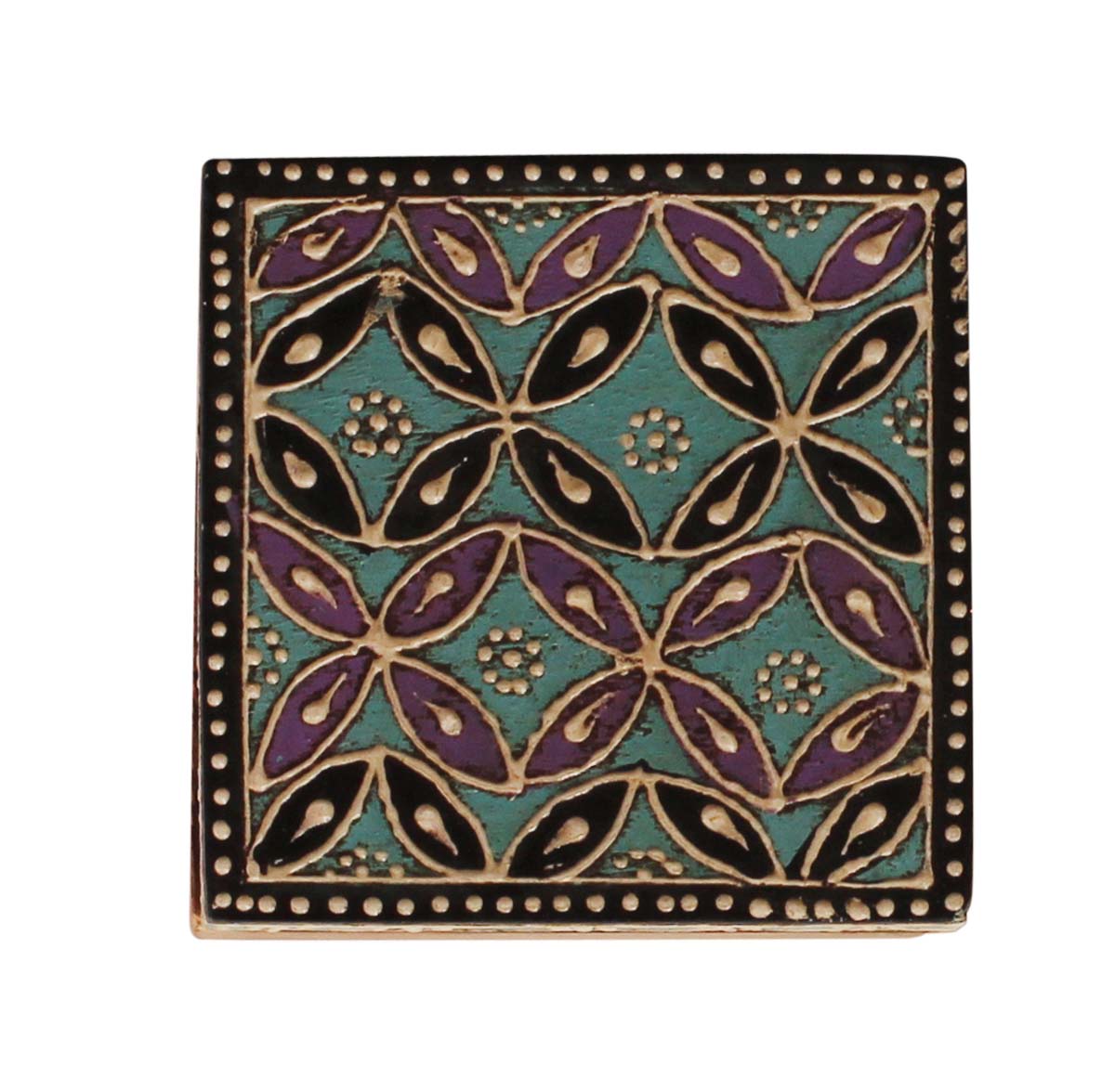 Source 2.5” Wooden Jewelry Box in Bulk - Wholesale Square Handmade Keepsake Box/Trinket Box in Blue & Natural-Wood Color Decorated with Cone-Painting Art of Traditional-Look Motifs in Purple & Black Color from India