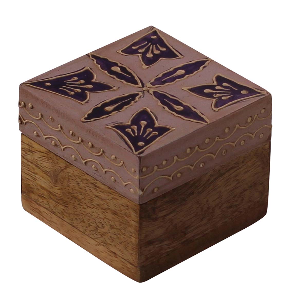 Bulk Source 2.5” Wooden Jewelry Box - Wholesale Square Wood Handmade Keepsake Box/Trinket Box in Light Grey & Natural-Wood Color Decorated with Cone-Painting Art of Traditional-Look Motifs in Mauve Color from India
