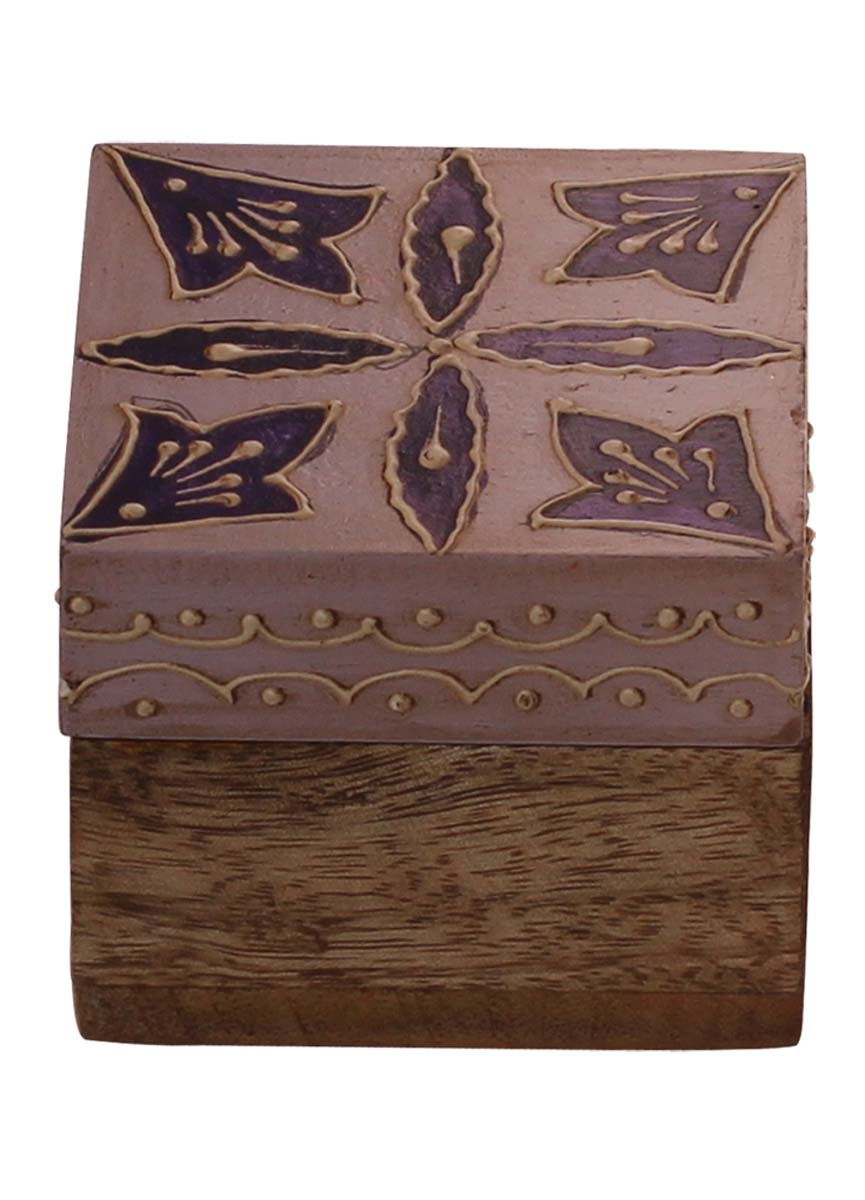 Bulk Source 2.5” Wooden Jewelry Box - Wholesale Square Wood Handmade Keepsake Box/Trinket Box in Light Grey & Natural-Wood Color Decorated with Cone-Painting Art of Traditional-Look Motifs in Mauve Color from India