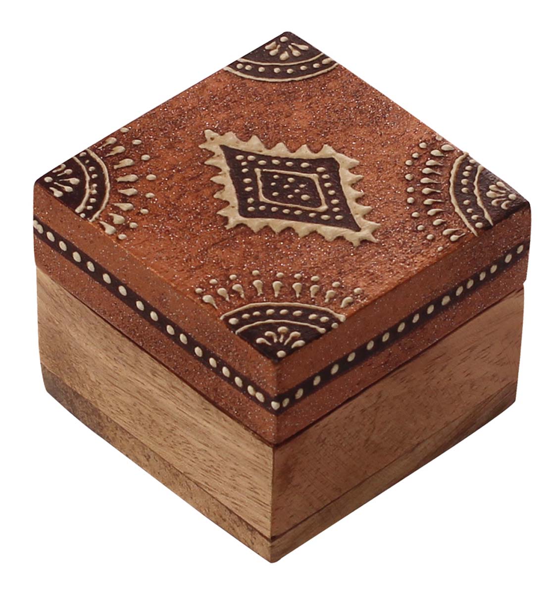 Bulk Source 2.5” Wooden Jewelry Box - Wholesale Square Wood Handmade Keepsake Box/Trinket Box in Copper & Natural-Wood Color Decorated with Cone-Painting Art of Traditional-Look Motifs from India