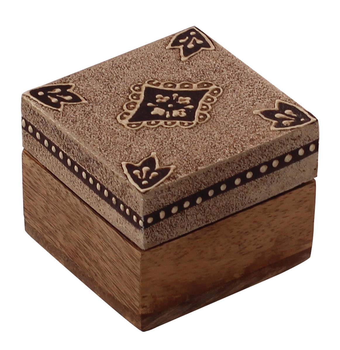 Source Wooden Jewelry Box in Bulk - Wholesale 2.5” Square Handmade Wood Keepsake Box/Trinket Box in Light-Gray & Natural-Wood Color Decorated with Cone-Painting Art of Traditional-Look Motifs from India