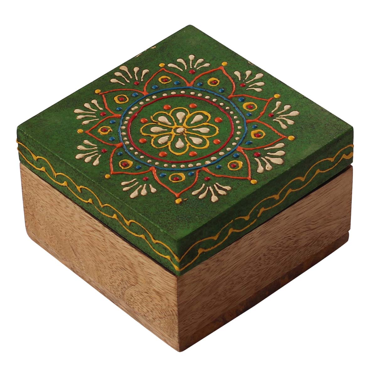 Source 4” Wooden Jewelry Box in Bulk - Wholesale Square Wood Handmade Keepsake Box/Trinket Box in Neon-Green & Natural-Wood Color Decorated with Cone-Painting Art of Traditional-Look Motifs from India