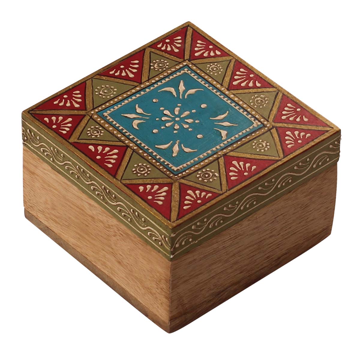 Source Wooden Jewelry Box in Bulk - Wholesale 4” Square Handmade Wood Keepsake Box/Trinket Box in Red, Green & Blue Color Decorated with Traditional-Look Motifs in Cone-Painting Art from India