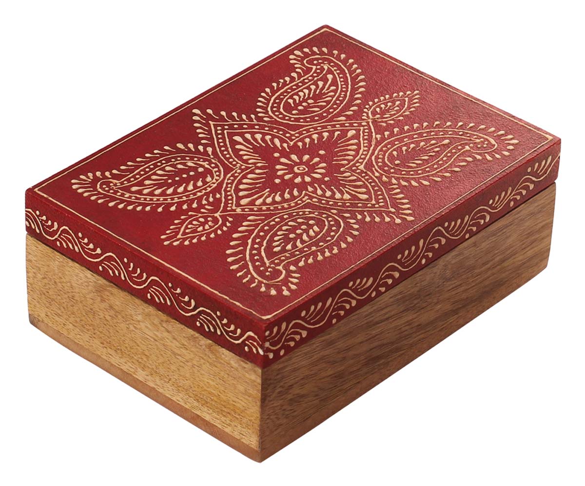 Source 7x5” Wooden Jewelry Box in Bulk - Wholesale Rectangular Shaped Handmade Wood Keepsake Box/Trinket Box in Red & Natural-Wood Color Decorated with Traditional-Look Motifs in Cone-Painting Art from India