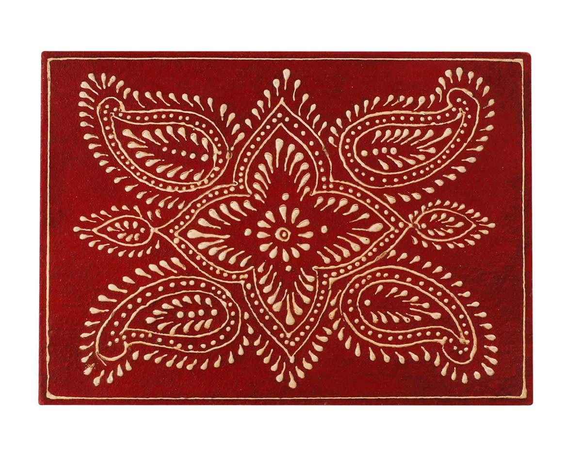 Source 7x5” Wooden Jewelry Box in Bulk - Wholesale Rectangular Shaped Handmade Wood Keepsake Box/Trinket Box in Red & Natural-Wood Color Decorated with Traditional-Look Motifs in Cone-Painting Art from India