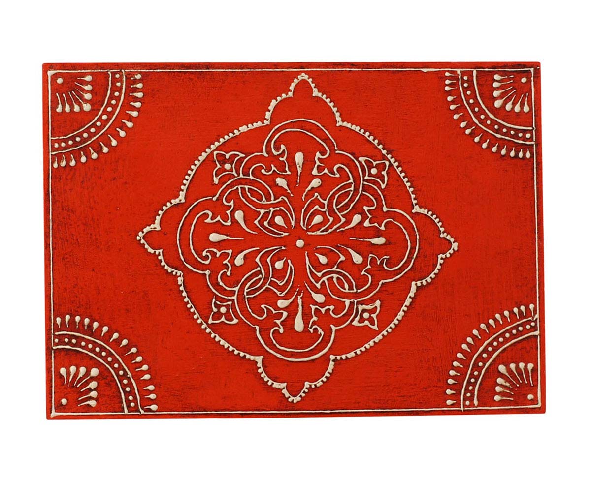 Source 7x5” Wooden Jewelry Box in Bulk - Wholesale Rectangular Shaped Handmade Wood Keepsake Box/Trinket Box in Orange & Natural-Wood Color Decorated with Traditional-Look Motifs in Cone-Painting Art from India