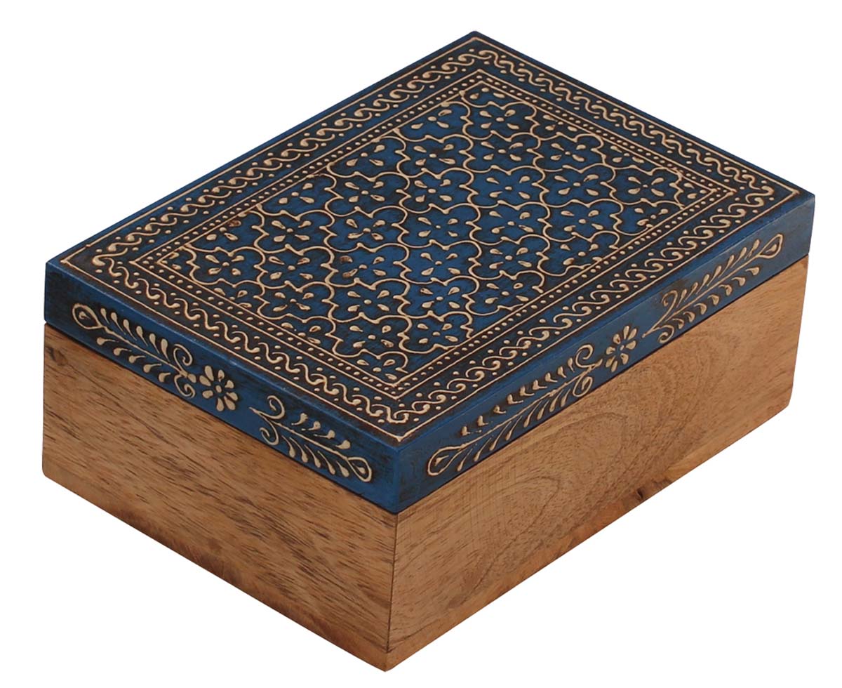 Source 7x5” Wooden Jewelry Box in Bulk - Wholesale Rectangular Shaped Wood Handmade Keepsake Box/Trinket Box in Blue & Natural-Wood Color Decorated with Cone-Painting Art of Traditional-Look Motifs from India