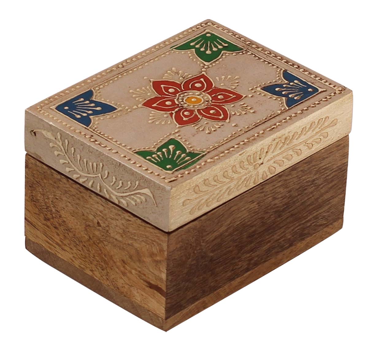 Wholesale 4x3” Wooden Jewelry Box in Bulk - Source Rectangular Shaped Wood Handmade Keepsake Box/Trinket Box in Silver & Natural-Wood Color Decorated with Cone-Painting Art of Traditional-Look Motifs from India