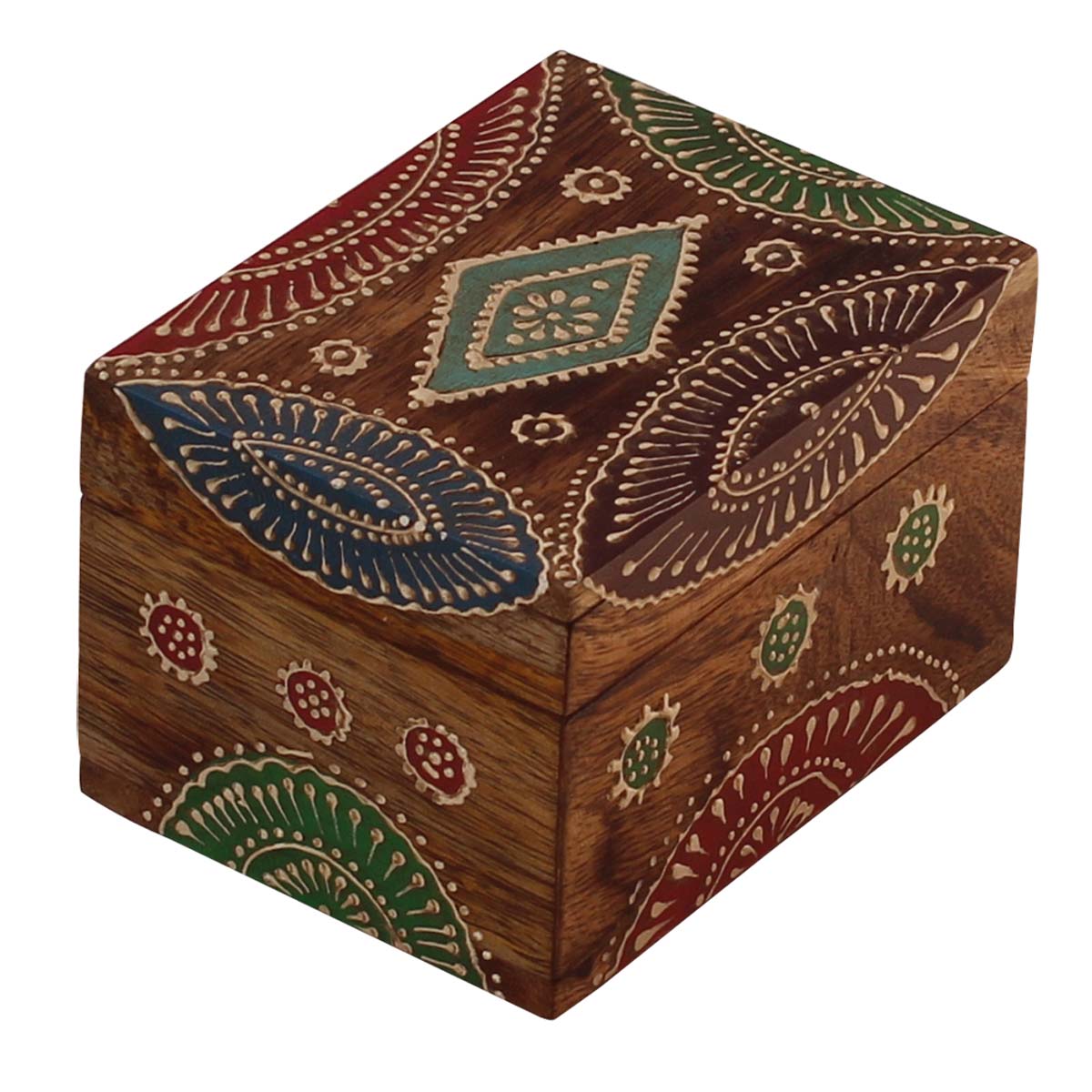 Wholesale 4x3” Wooden Jewelry Box in Bulk - Source Rectangular Shaped Wood Handmade Keepsake Box/Trinket Box in Natural-Wood Color Decorated with Colorful Cone-Painting Art of Traditional-Look Motifs from India
