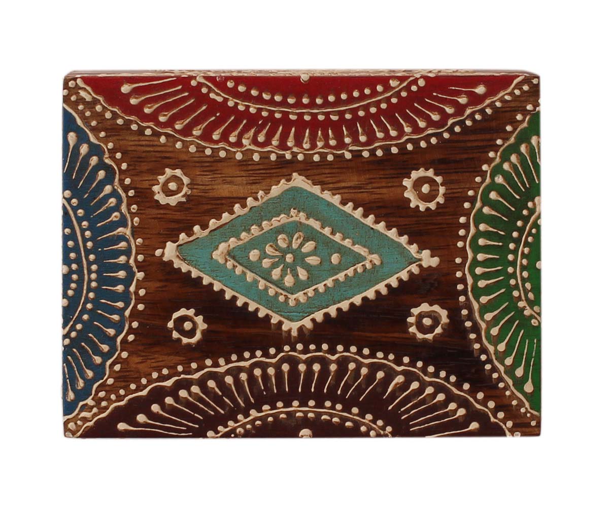 Wholesale 4x3” Wooden Jewelry Box in Bulk - Source Rectangular Shaped Wood Handmade Keepsake Box/Trinket Box in Natural-Wood Color Decorated with Colorful Cone-Painting Art of Traditional-Look Motifs from India