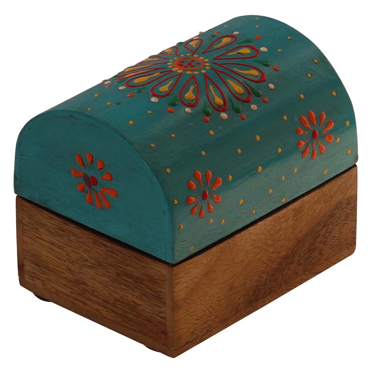 Source 4x3.2” Trunk Shaped Wooden Jewelry Box in Bulk - Wholesale Handmade Light-Blue & Natural-Wood Keepsake Box/Trinket Box Enhanced with Colorful Traditional-Look Motifs in Cone-Painting Art from India