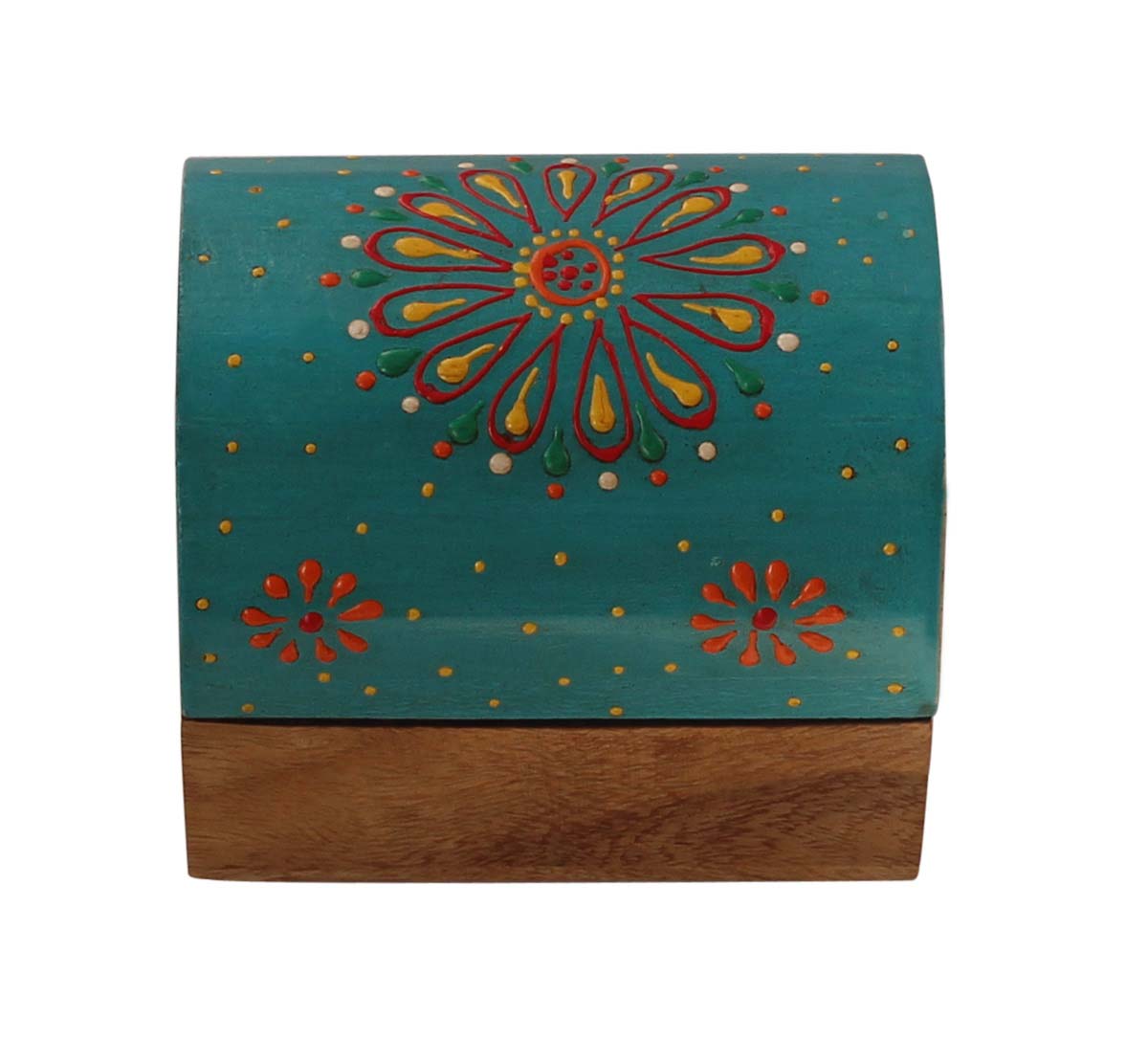 Source 4x3.2” Trunk Shaped Wooden Jewelry Box in Bulk - Wholesale Handmade Light-Blue & Natural-Wood Keepsake Box/Trinket Box Enhanced with Colorful Traditional-Look Motifs in Cone-Painting Art from India