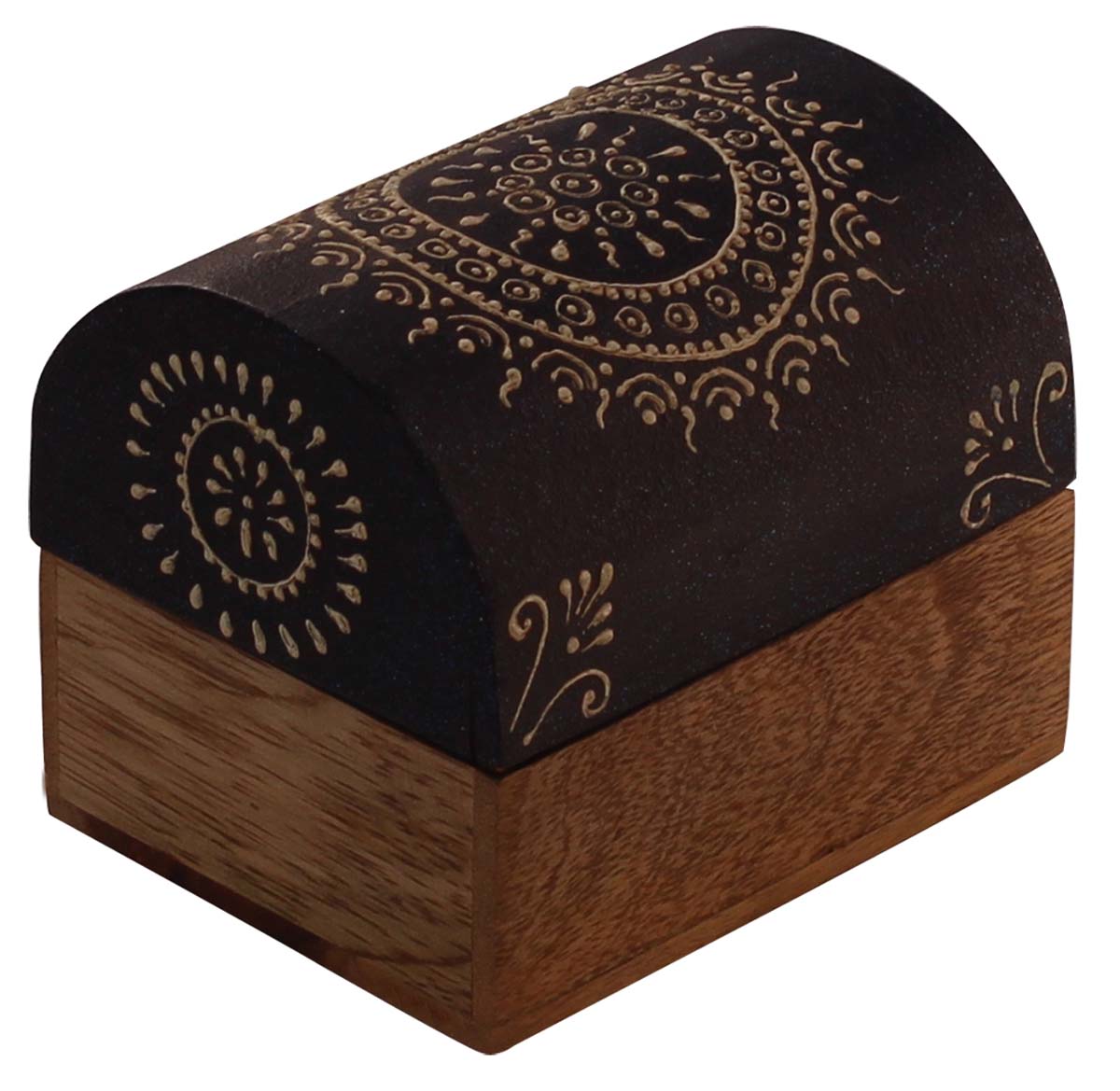 Wholesale Trunk Shaped Wooden Jewelry Box in Bulk - Source 4x3.2” Handmade Keepsake Box/Trinket Box in Brown & Natural-Wood Color Decorated with Colorful Cone-Painting Art from India