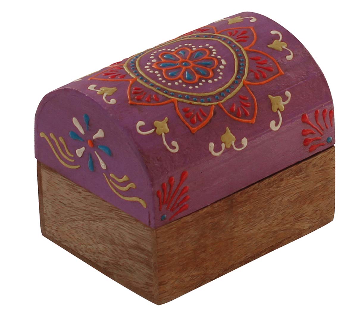 Source 4x3.2” Trunk Shaped Wooden Jewelry Box in Bulk - Wholesale Handmade Purple & Natural-Wood Keepsake Box/Trinket Box Enhanced with Colorful Traditional-Look Motifs in Cone-Painting Art from India