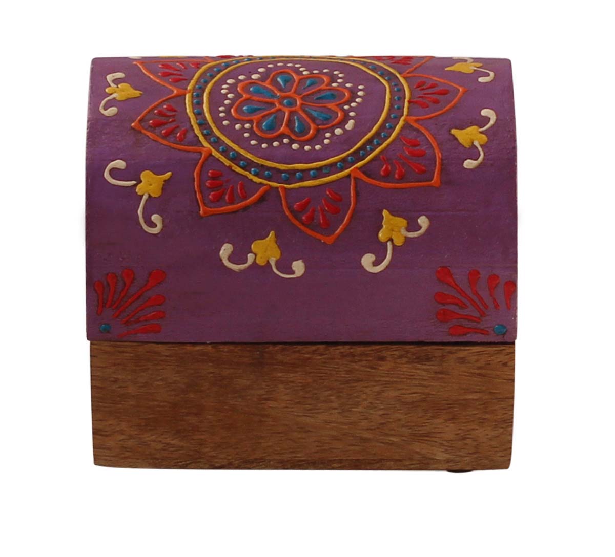 Source 4x3.2” Trunk Shaped Wooden Jewelry Box in Bulk - Wholesale Handmade Purple & Natural-Wood Keepsake Box/Trinket Box Enhanced with Colorful Traditional-Look Motifs in Cone-Painting Art from India