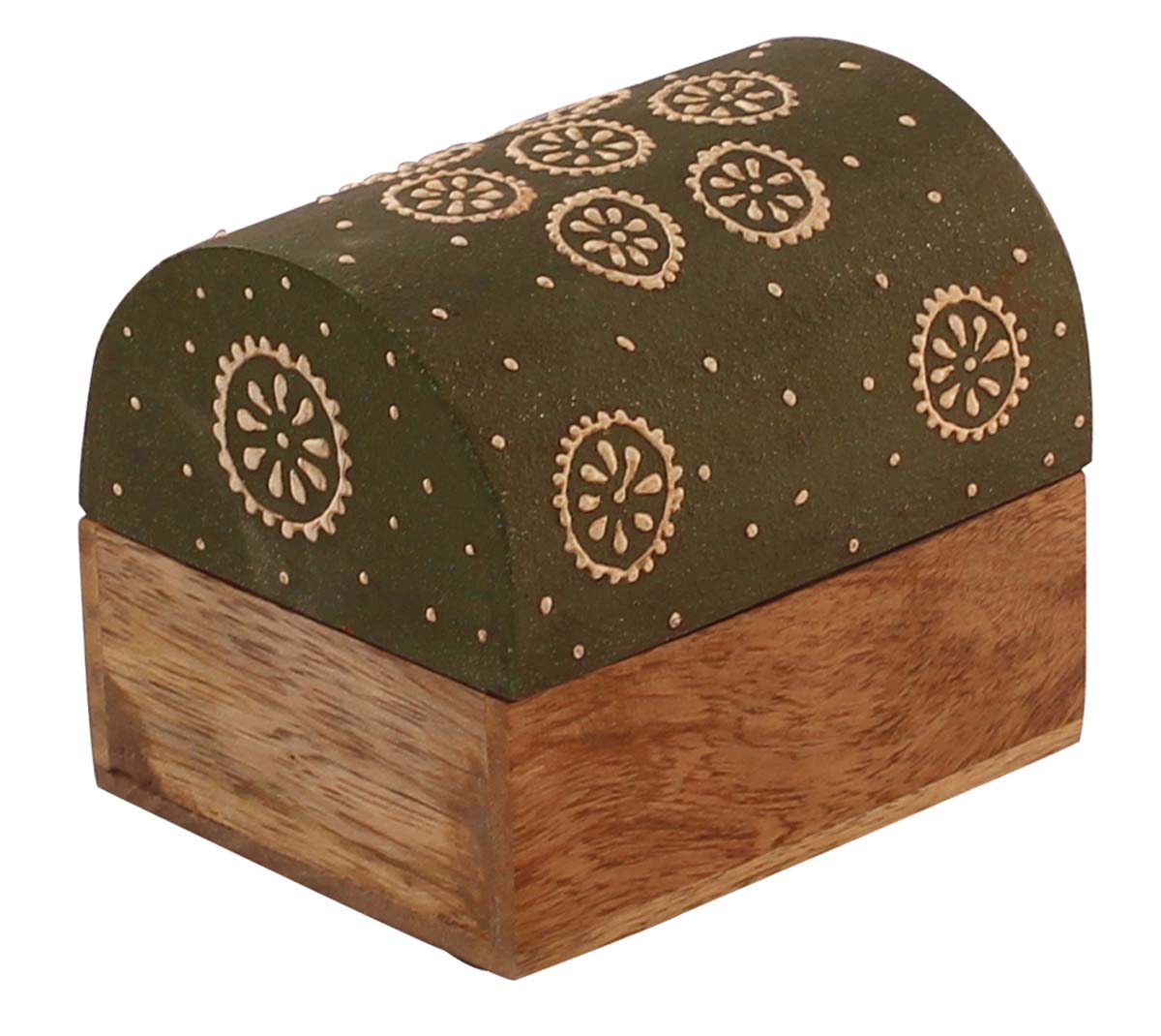 Wholesale 4x3.2” Trunk Shaped Wooden Jewelry Box in Bulk - Source Handmade Keepsake Box/Trinket Box in Dark-Green & Natural-Wood Color Decorated with Colorful Cone-Painting Art from India