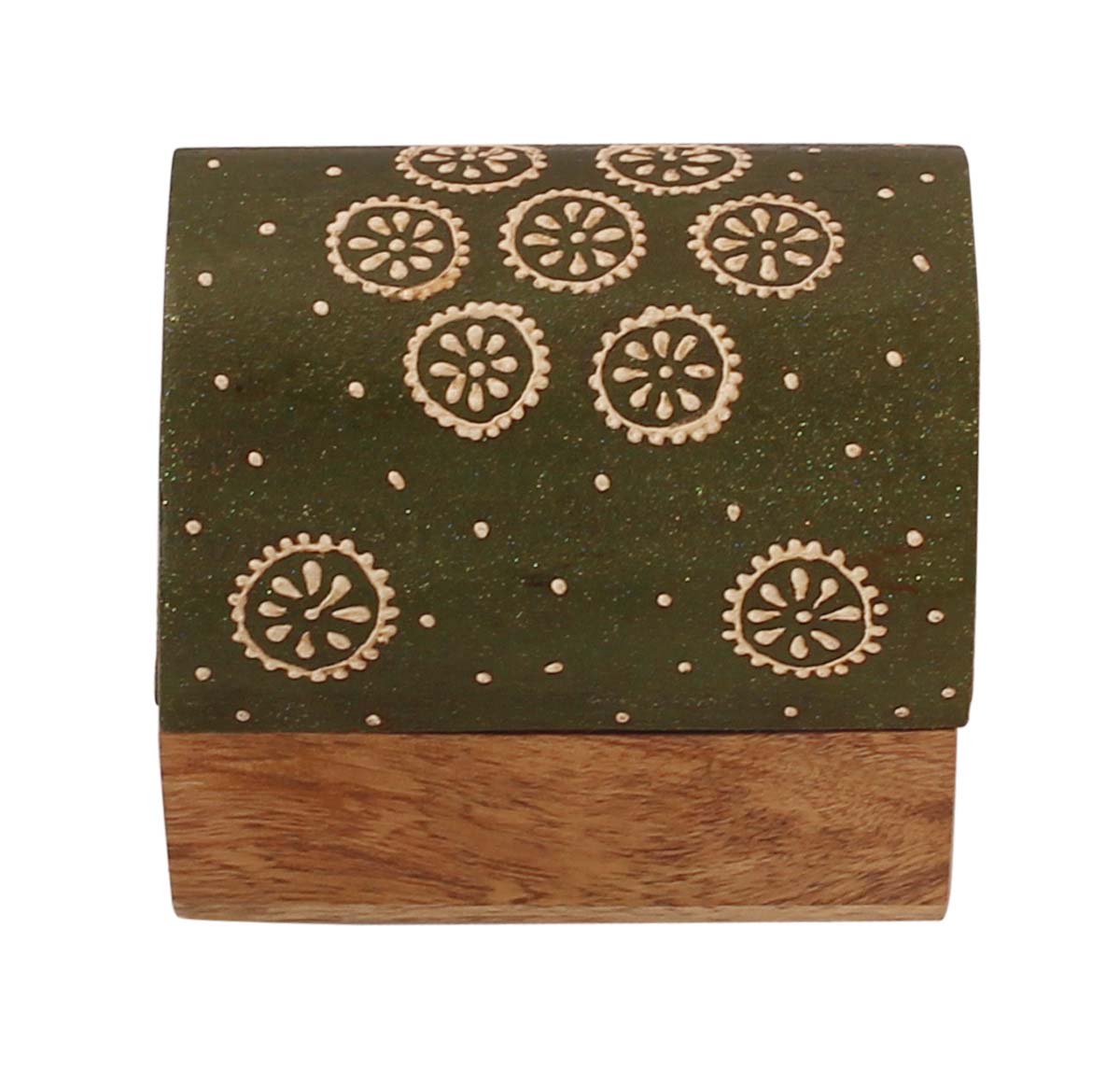 Wholesale 4x3.2” Trunk Shaped Wooden Jewelry Box in Bulk - Source Handmade Keepsake Box/Trinket Box in Dark-Green & Natural-Wood Color Decorated with Colorful Cone-Painting Art from India