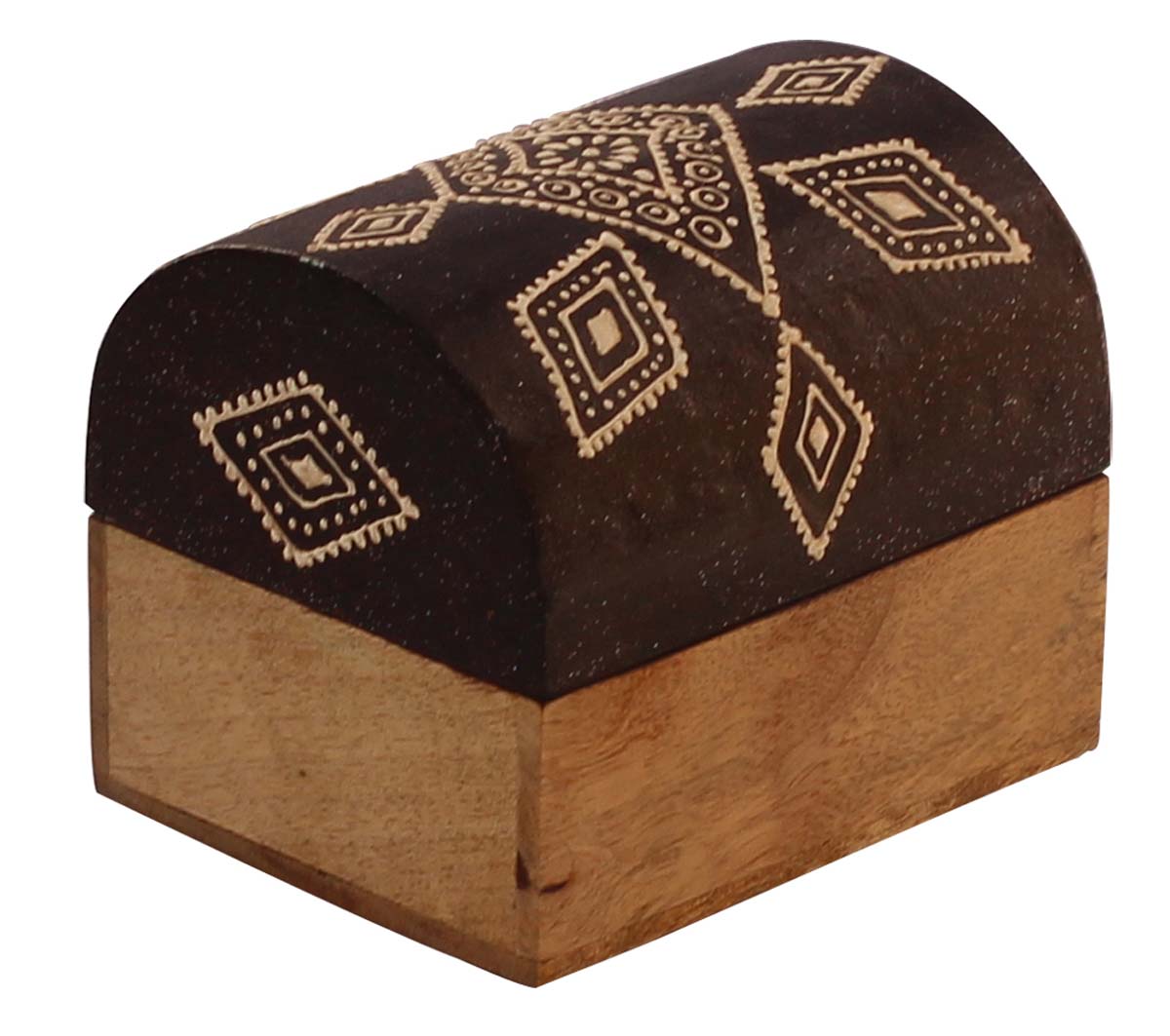 Bulk Source 4x3.2” Trunk Shaped Wooden Jewelry Box - Wholesale Handmade Black & Natural-Wood Keepsake Box/Trinket Box Enhanced with Colorful Traditional-Look Motifs in Cone-Painting Art from India